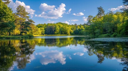 A serene lake with reflections of surrounding trees. --ar 16:9 Job ID: ad36d6f8-29b7-4524-b6a4-6e69b2fa7253