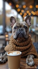 bustling urban cafe trendy french bulldog named Winston attracts admiring glance passersby strut confidently alongside his stylish owner his distinctive bat ear expressive eye adding his irresistible 