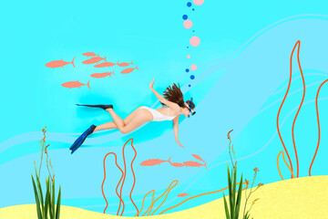 Obraz premium Composite photo collage of sexy girl dive undersea swim equipment fish ocean seaweed habitat summer tourist isolated on painted background