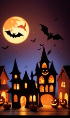 A spooky Halloween scene featuring a haunted house with glowing windows, bats flying in the moonlit sky, and carved pumpkins. This eerie setup captures the essence of Halloween night, perfect for