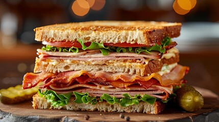 Depict a hearty club sandwich stacked with turkey, ham, bacon, lettuce, tomato, and mayonnaise, served with a pickle on the side, Close up