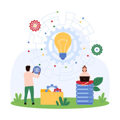 Development of digital project and insight, automation tech solution of innovation. Tiny people work with bright electric light bulb and gears in center of circuit board cartoon vector illustration