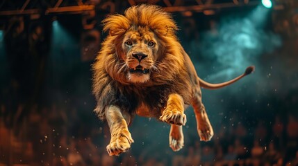 Depict a lion tamer guiding a lion through a series of jumps and tricks, with the audience on the edge of their seats, Close up