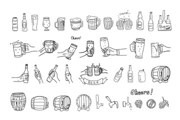 Set of beer, glasses of beer, bottle of beer in hand, glass in hand in doodle style. Mug with beer, barrel. Cheers. Great for bar menu design, packaging, pub. Hand drawn.