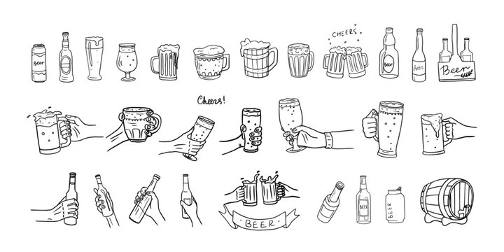 Large set of beer, glasses of beer, bottle of beer in hand, glass in hand, mug with beer, barrel. Cheers. Great for bar menu design, packaging, pub. Hand drawn. Doodle style
