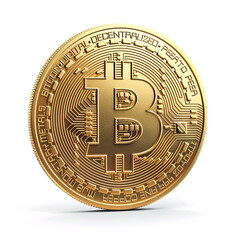 golden bitcoins on white background