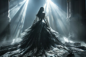A model bathed in a spotlight, showcasing a couture gown with a dramatic, flowing cape that billows behind her.