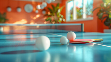 Ping pong paddles and a white ball are positione - Powered by Adobe