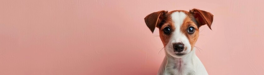 A small dog is sitting on a pink background