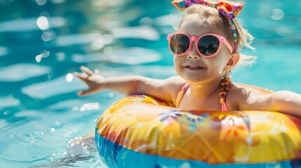 A young girl is floating in a pool with a yellow and orange inflatable ring