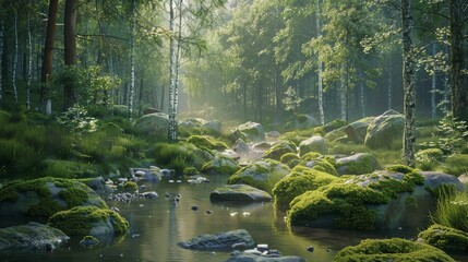 Obraz premium Top of the line CG, surreal photography.A serene forest scene with wet, mossy stones. beautiful, romantic, and beautiful lighting. Blue sky, ultra-high definition, front view, Nikon photography, Sony