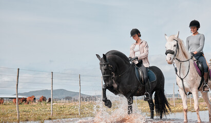 Friends, countryside and horse for equestrian sport, stallion and riding hobby on ranch in water....