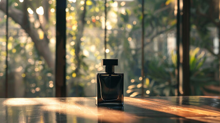 A black glass perfume bottle placed on the table.