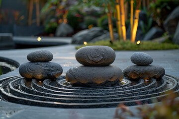 Three pieces of stone in front of a zen garden, high quality, high resolution