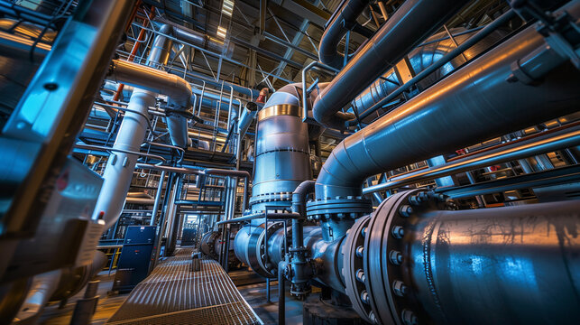 A large industrial plant with many pipes and valves. The pipes are silver and yellow. Scene is industrial and mechanical