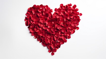 Red rose petals in the shape of a heart on white background