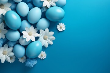 a group of blue eggs with white flowers