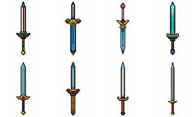 Pixel art weapon sword craft set. Retro rpg style swords isolated. Computer video game swords clip art. Pixelated longsword, dagger.  Swords isolated. Mine vector on white background.