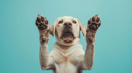 A dog with its paw up in the air, looking at the camera