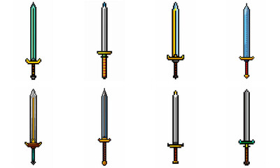 Pixel art weapon sword craft set. Retro rpg style swords isolated. Computer video game swords clip art. Pixelated longsword, dagger.  Swords isolated. Mine vector on white background.