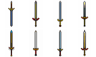 Pixel art weapon sword craft set. Retro rpg style swords isolated. Computer video game swords clip art. Pixelated longsword, dagger.  Swords isolated. Mine vector on white background.