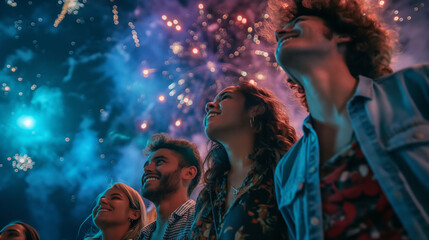 A group of friends watching fireworks, faces illuminated with awe and joy. Dynamic and dramatic composition, with cope space