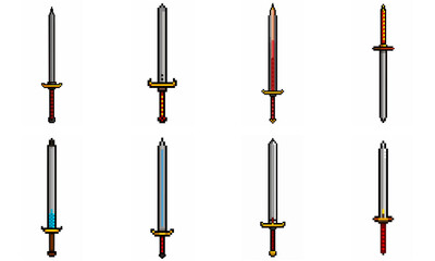 Pixel art weapon sword craft set. Retro rpg style swords isolated. Computer video game swords clip art. Pixelated longsword, dagger.  Swords isolated. Mine vector on white background.