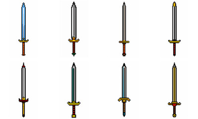 Pixel art weapon sword craft set. Retro rpg style swords isolated. Computer video game swords clip art. Pixelated longsword, dagger.  Swords isolated. Mine vector on white background.