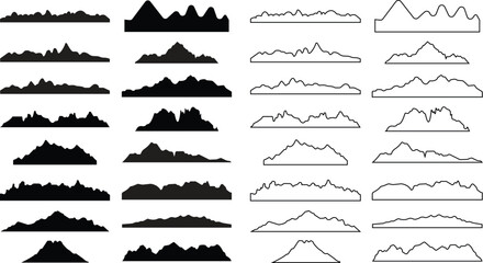 Set of Valley hill silhouette for hiking, camping or climbing sports and travel. flat Rock Hill and Mountain of rocky landscape shape, vector mount peak icons editable stock on transparent background.