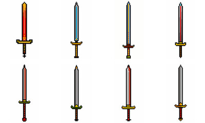 Pixel art weapon sword craft set. Retro rpg style swords isolated. Computer video game swords clip art. Pixelated longsword, dagger.  Swords isolated. Mine vector on white background.