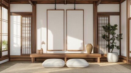 Frame mockup, modern oriental hanok style living room interior