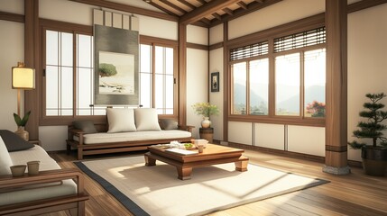 modern oriental hanok style living room interior