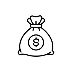 Money bag vector icon, sack of money flat mono line cartoon illustration with dollar sign isolated on white background. Eps 10.