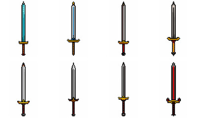 Pixel art weapon sword craft set. Retro rpg style swords isolated. Computer video game swords clip art. Pixelated longsword, dagger.  Swords isolated. Mine vector on white background.