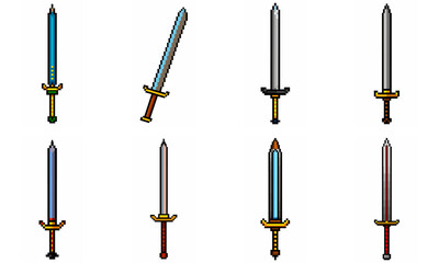 Pixel art weapon sword craft set. Retro rpg style swords isolated. Computer video game swords clip art. Pixelated longsword, dagger.  Swords isolated. Mine vector on white background.