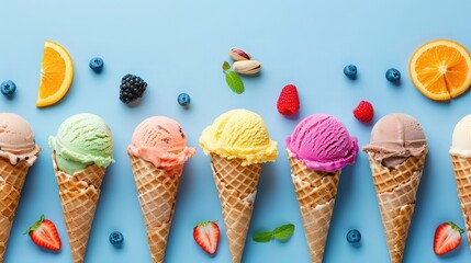 Various of ice cream flavor in cones blueberry ,strawberry ,pistachio ,almond ,orange and cherry setup on  blue background Summer and Sweet menu concept.