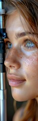 Fototapeta premium A woman with blue eyes is looking into a device