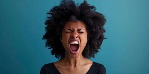 Black woman shouting loudly with mouth wide open. Concept Black woman, Shouting, Loudly, Mouth wide open, Expression