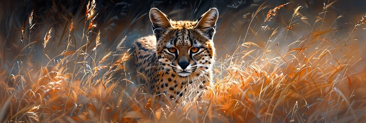 Obraz premium the heart of the African savannah a regal serval named Nala stalks gracefully through the tall grass her keen eyes fixed on the movements of her prey as she prepares to pounce