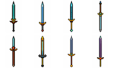 Pixel art weapon sword craft set. Retro rpg style swords isolated. Computer video game swords clip art. Pixelated longsword, dagger.  Swords isolated. Mine vector on white background.