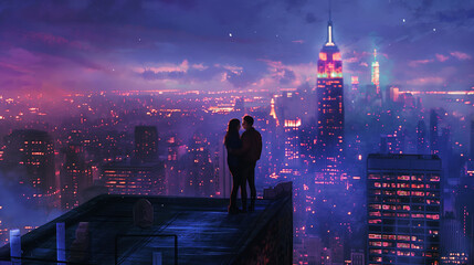 A couple sharing a moment on a rooftop overlooking city lights. Dynamic and dramatic composition,...