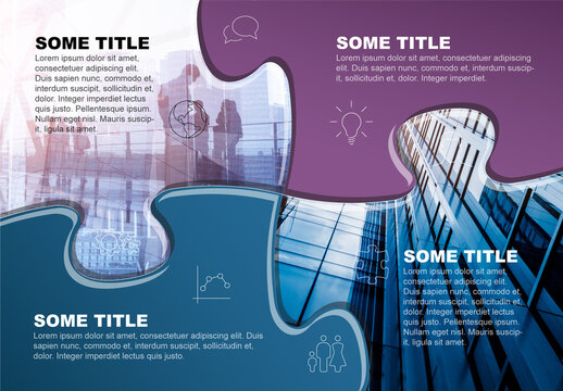 Puzzle infographic template with four content puzzle pieces blocks and two background photo placeholders