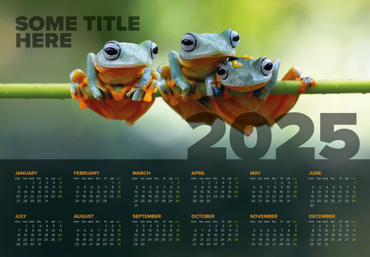 Dark full year horizontal calendar template for the year 2025 (monday first day) with a photo placeholder