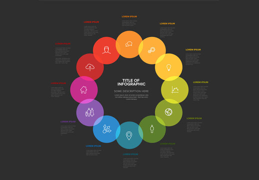 Multipurpose dark infographic template with twelve icons in circles