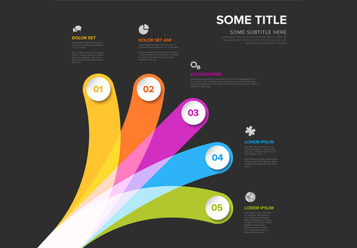 Diagonal dark Infographics template with various diversity options numbers icons and descriptions