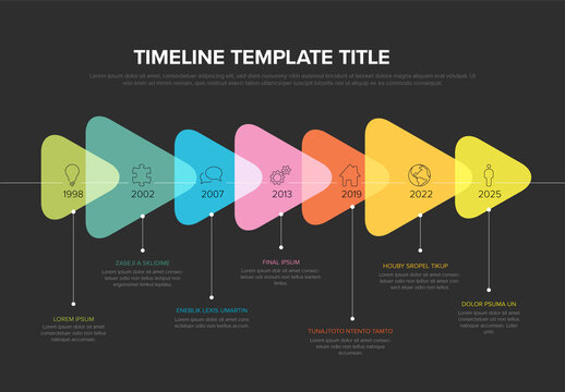 Rainbow color triangle arrows on the time line - multipurpose dark infographic timeline template