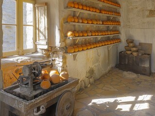 A room with a wheeled cart full of orange pottery. The room is dimly lit and the pottery is arranged in rows