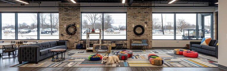 A large room with a dog laying on a rug. The room is filled with furniture and has a cozy atmosphere