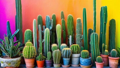Colorful wall backdrop enhances vibrant cactus collection.