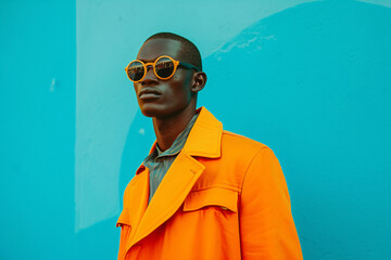 a black man wearing sunglasses and orange coat standing in front of a colorful wall background